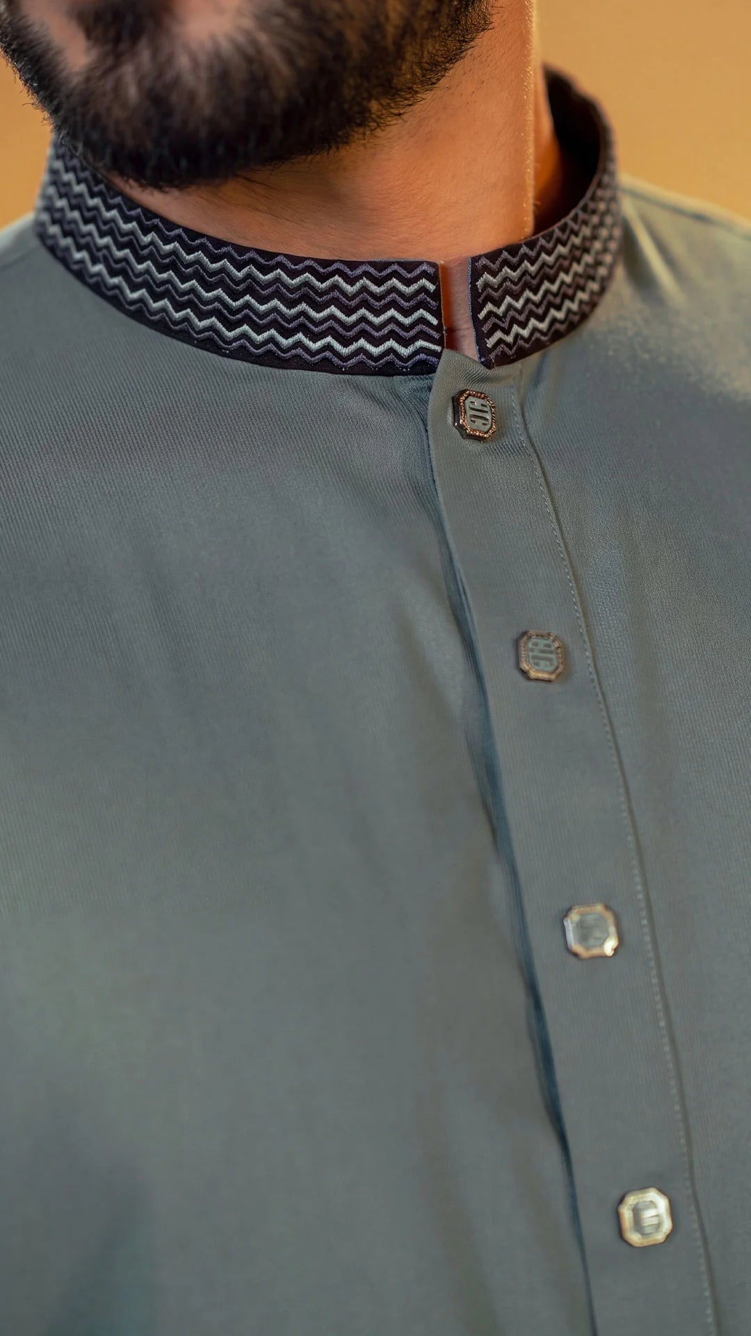Amber Shadow Sage Green Band Collar Panjabi For Men