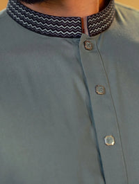 Amber Shadow Sage Green Band Collar Panjabi For Men