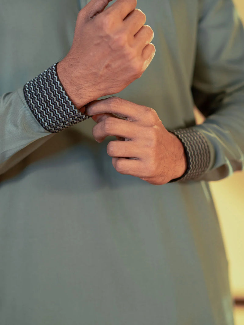 Amber Shadow Sage Green Band Collar Panjabi For Men