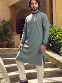 Amber Shadow Sage Green Band Collar Panjabi For Men