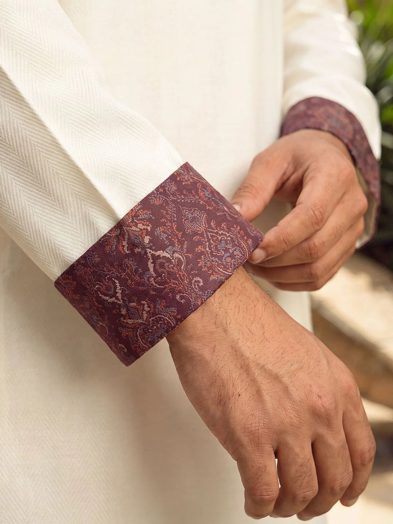 Amber Wind Off White Band Collar Panjabi For Men