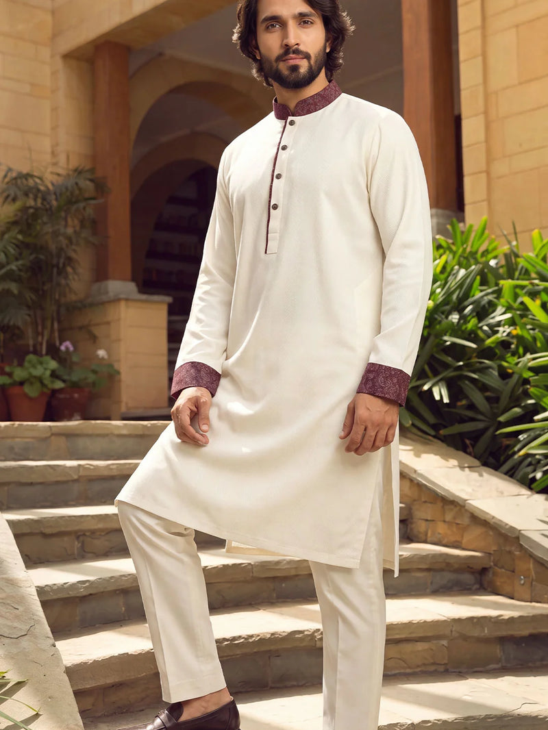 Amber Wind Off White Band Collar Panjabi For Men
